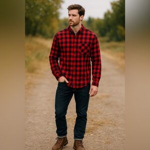 🔴 Levi’s Men’s Red & Black Plaid Button-Down Shirt | Classic Flannel